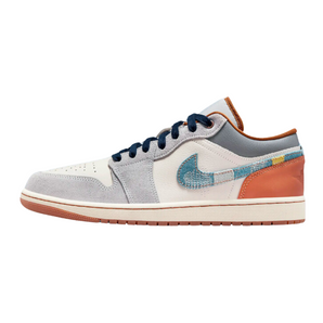 Close-up of Jordan 1 Low SE Phantom Repaired Denim Swoosh – premium detailing on rare collector sneakers