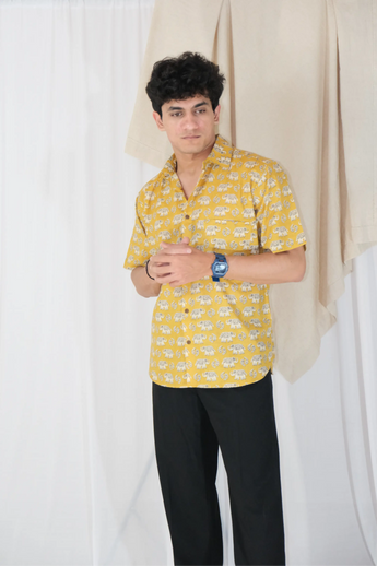 Yellow Tusker Block Print Shirt | Cotton Shirts for summer | Jaipur print shirts